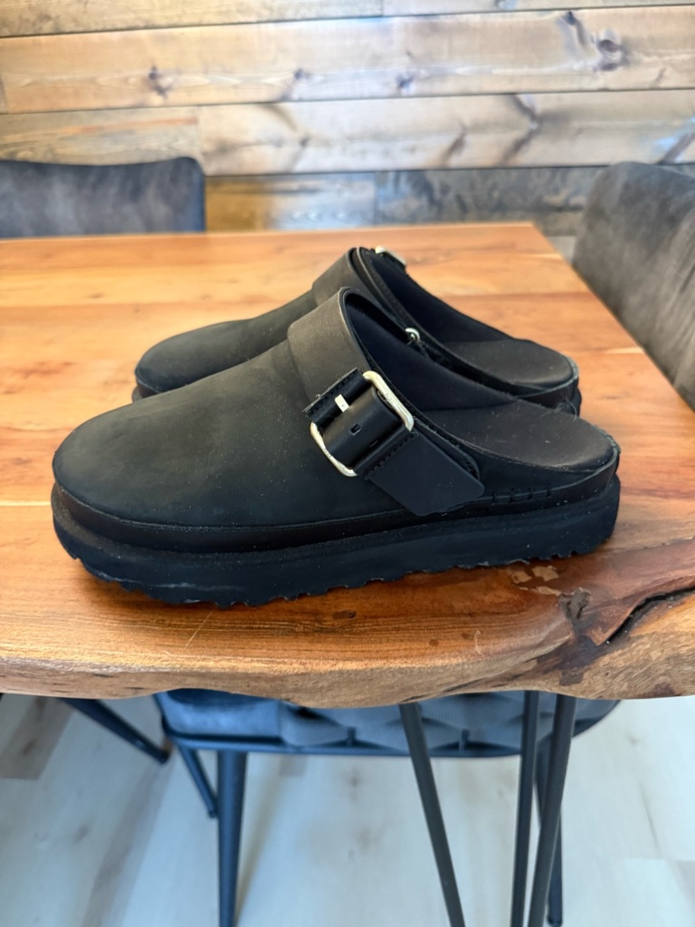 UGG Black Slip-On Mule Clog with Buckle Detail